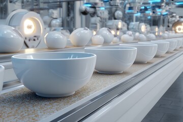 Automated production line with ceramic bowls in modern factory setting
