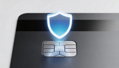 Credit Card with Glowing Shield Icon above Chip for Ecommerce Fraud Prevention and Payment Security Safeguard, Minimalist Card without Numbers or Magnet Stripe on High-Tech Background