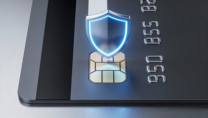 Credit Card with Glowing Shield Icon above Chip for Ecommerce Fraud Prevention and Payment Security Safeguard, Minimalist Card without Numbers or Magnet Stripe on High-Tech Background