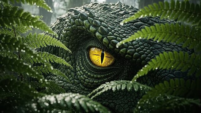 Prehistoric raptor eye peers menacingly behind lush green ferns