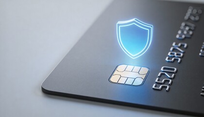Credit Card with Glowing Shield Icon above Chip for Ecommerce Fraud Prevention and Payment Security Safeguard, Minimalist Card without Numbers or Magnet Stripe on High-Tech Background