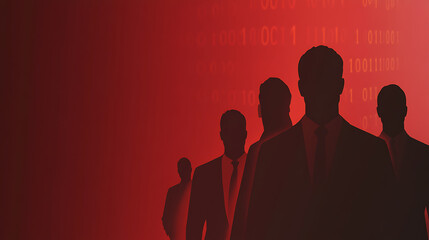 Team of professionals depicted as silhouettes standing against a backdrop of digital binary code, suggesting a powerful alliance in the technology or security sector.
