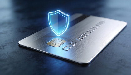Credit Card with Glowing Shield Icon above Chip for Ecommerce Fraud Prevention and Payment Security Safeguard, Minimalist Card without Numbers or Magnet Stripe on High-Tech Background