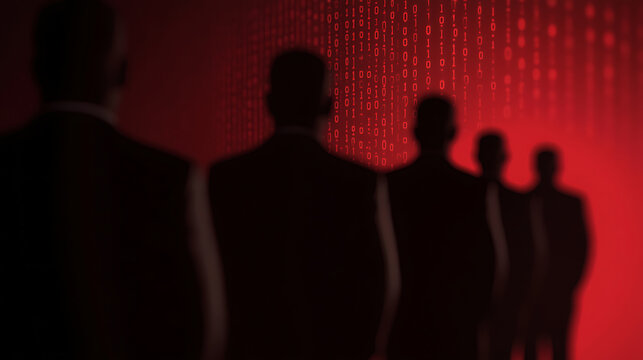 Silhouetted figures stand against a red backdrop with digital streams, creating an aura of mystery and covert operations in a modern, tech-driven environment.