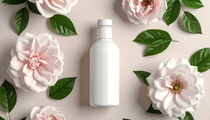 A pristine white bottle sits amidst light pink roses and green leaves on a soft pastel background, evoking natural beauty