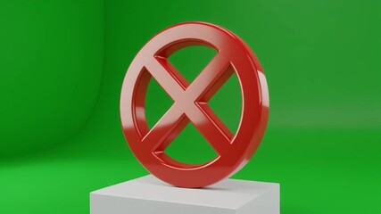 A 3D rendered red prohibition symbol on a white pedestal against a vibrant green screen background, signifying restriction or no entry.
