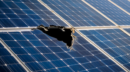 Damaged solar panels with a hole in one panel. The image shows the array of blue solar cells and the extent of the damage. Green energy challenges are evident.