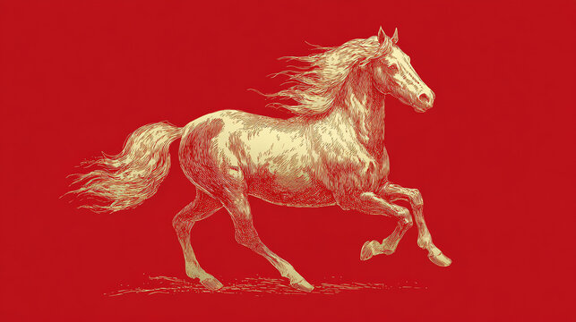 Golden Horse on Red Background