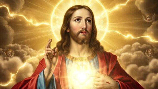 Sacred heart of Jesus oil painting glowing with divine religious symbolism.