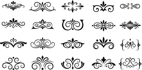 Naklejka premium Set of 20 elegant ornamental flourishes and swirls in black for invitations, certificates, and formal graphic design projects.