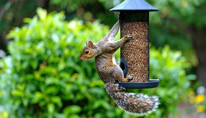 A gray squirrel clinging to a tubular bird feeder, attempting to get a snack. Lush green foliage is blurred in the background