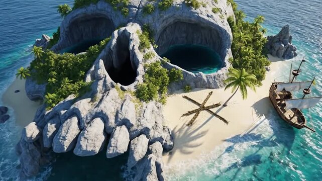 Mysterious island shaped like a pirate skull floats in blue ocean.