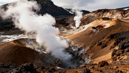 Volcanic Landscape with Steam Venting from Geothermal Area
