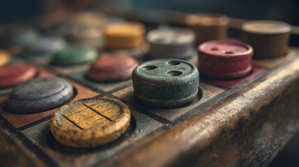 Close-up of vintage, colorful game buttons showcasing wear and texture.