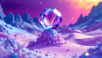 Crystal gemstone in surreal pastel landscape symbolizing imagination, fantasy concepts, creativity, and visionary digital environment design.