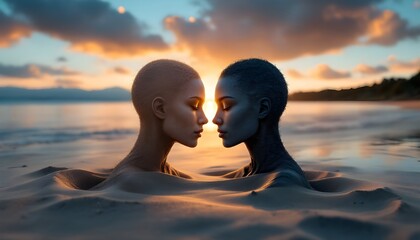 Two human figures facing each other at sunset symbolizing emotional connection, intimacy, unity, and deep interpersonal relationships.
