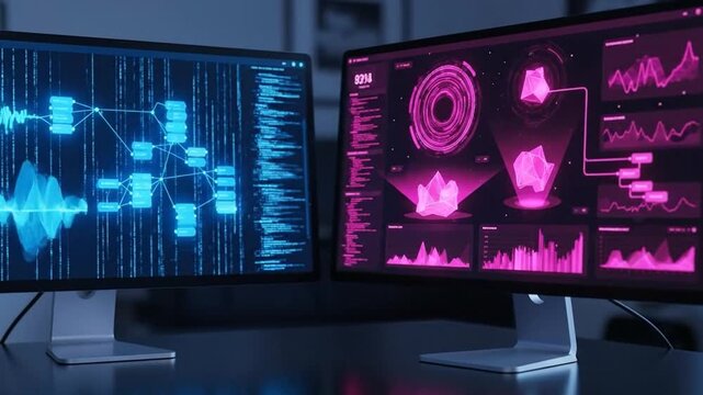 Computer monitors showing neon blue and pink glowing data interfaces.