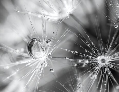 A grayscale close-up captures a delicate dandelion seed head, adorned with glistening water droplets, creating a captivating visual texture - Powered by Adobe