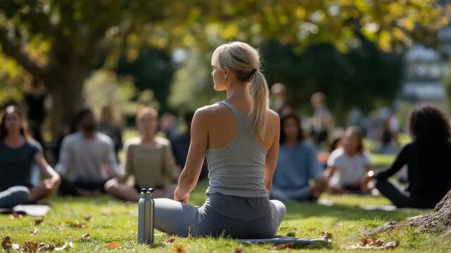 Serene outdoor meditation scene with a woman practicing yoga in a lush park during sunny day