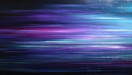 A horizontal abstract artwork, featuring streaks of purples, blues, and turquoise tones, conveying motion