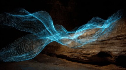 Abstract blue light streams flowing over rocky terrain, a dynamic visualization of digital data flow and energy.