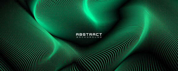 3D green lines techno abstract background overlap layer on dark space with waves effect decoration. Modern graphic design element stripes style concept for web, poster, flyer, card, or brochure cover