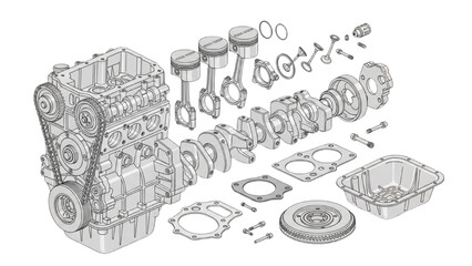 Exploded View of Internal Combustion Engine Components with Crankshaft and Pistons Detailed Illustration