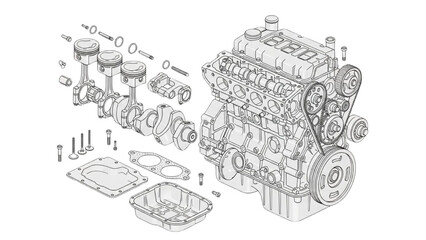 Detailed technical illustration of internal combustion engine assembly with exploded view components and mechanical parts in white background