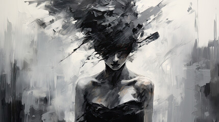 painting illustration of Emotional woman with chaotic hair in abstract black and white portrait, showing stressful, grief and negative aura