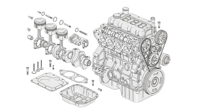 Detailed technical illustration of internal combustion engine assembly with exploded view components and mechanical parts in white background