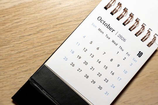 A close-up view of a calendar page for October 2026, showing dates and days of the week. The page displays a clean, modern design, ideal for planning and scheduling.