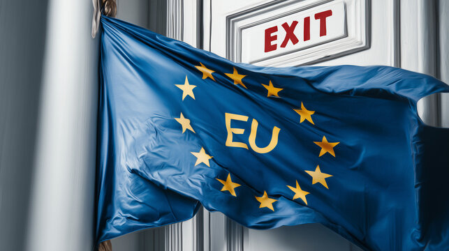 eu flag waving with exit door