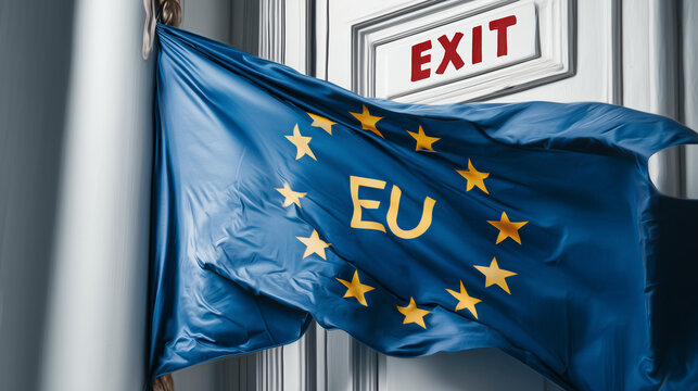 eu flag waving with exit door