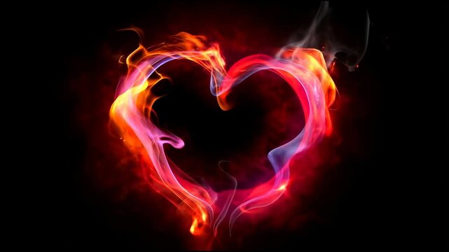 A heart shape formed by swirling red flames and smoke burns intensely against a black background