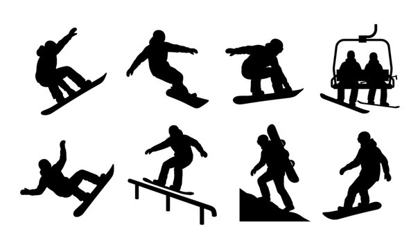 Snowboarding action silhouettes vector set on white background