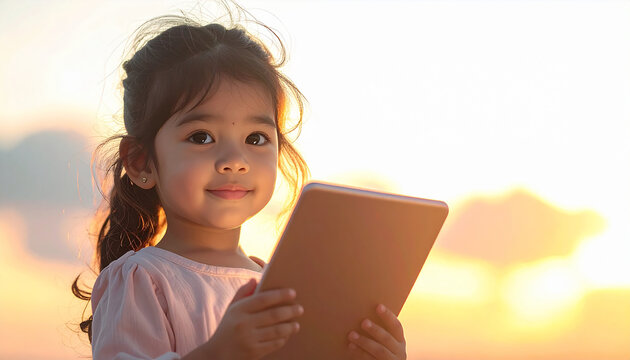 Digital Explorer: A young child joyfully embraces modern technology, holding a tablet under the warm embrace of the setting sun, exploring the digital world.  - Powered by Adobe