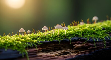 Naklejka premium Golden light illuminates tiny mushrooms and vibrant green moss on a forest log