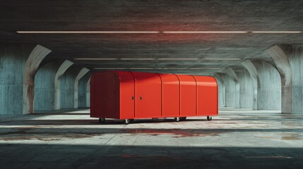 Red Mobile Unit: A vibrant, modular unit, its bold red form commanding attention within a textured concrete space, exuding a sense of modern functionality and urban style.