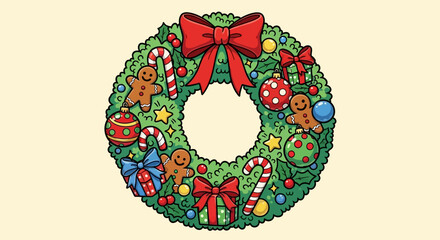 Christmas wreath with red bows, candy canes, gingerbread men, ornaments, and baubles on a pale yellow background