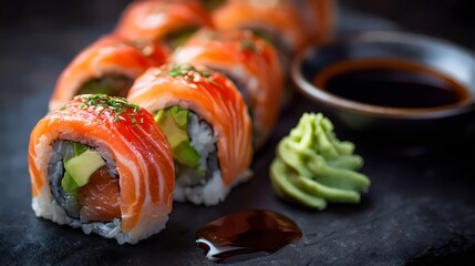 A close-up of beautifully arranged sushi rolls topped with fresh salmon, wasabi, and soy sauce.