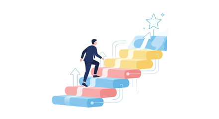 Man in business suit climbing colorful stairs with arrows and star, illustration of career growth and success