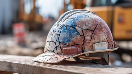 A weathered safety helmet rests on a wooden beam at a construction site, its cracked surface revealing layers of paint and history under the harsh sunlight, a symbol of resilience.