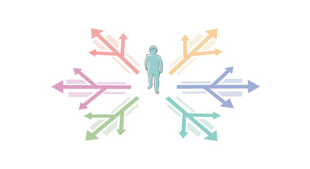 Vector illustration of a person surrounded by colorful arrows pointing in different directions on a white background