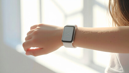 Time's Reflection: A person's wrist with smartwatch showing the time. bathed in natural light, a portrait of modern connectivity and temporal awareness.