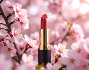 A vibrant red lipstick in a golden case is centered amidst delicate pink cherry blossoms, evoking springtime beauty