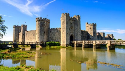 A grand, stone structure, a medieval fortress with turrets and a drawbridge over calm waters. The sky is a bright blue with white clouds