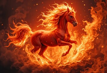 Obraz premium Red Fire Horse galloping through flames — dynamic pose, glowing mane like fire, deep red and gold color palette, dramatic New Year poster composition.
