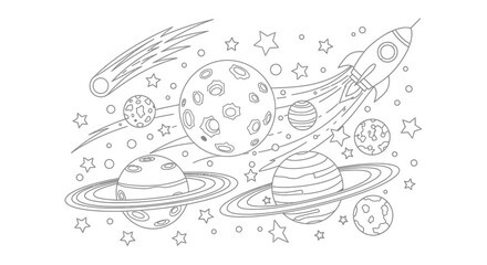 Black and white vector illustration of a rocket ship flying through outer space surrounded by planets, stars, and a comet
