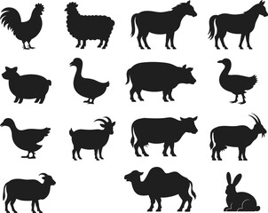 Farm animals silhouettes collection, livestock poultry domestic animals set, rural agriculture icons isolated on white background vector illustration