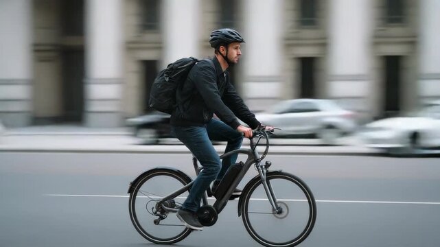 Young man cycling through city streets on an e-bike with urban architecture background